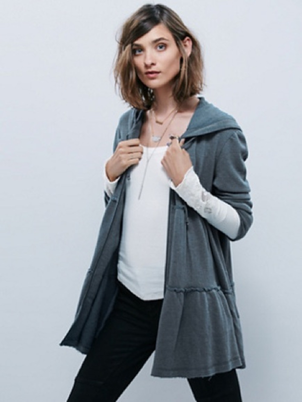 Free People Slate Gray Hooded Open Cardigan Sweater